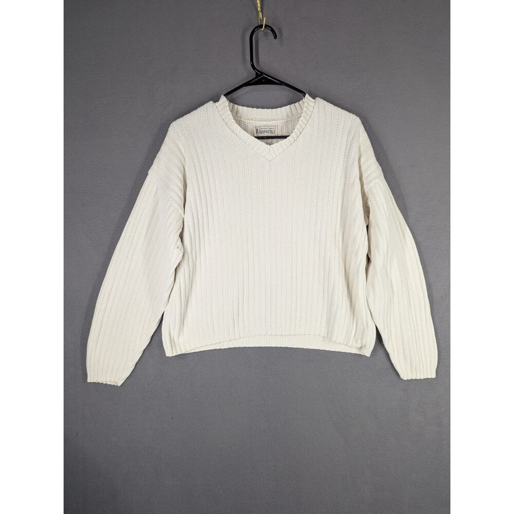 Aeropostale Sweater Women Large Cream Ribbed Knit V Neck Compagnie Vintage